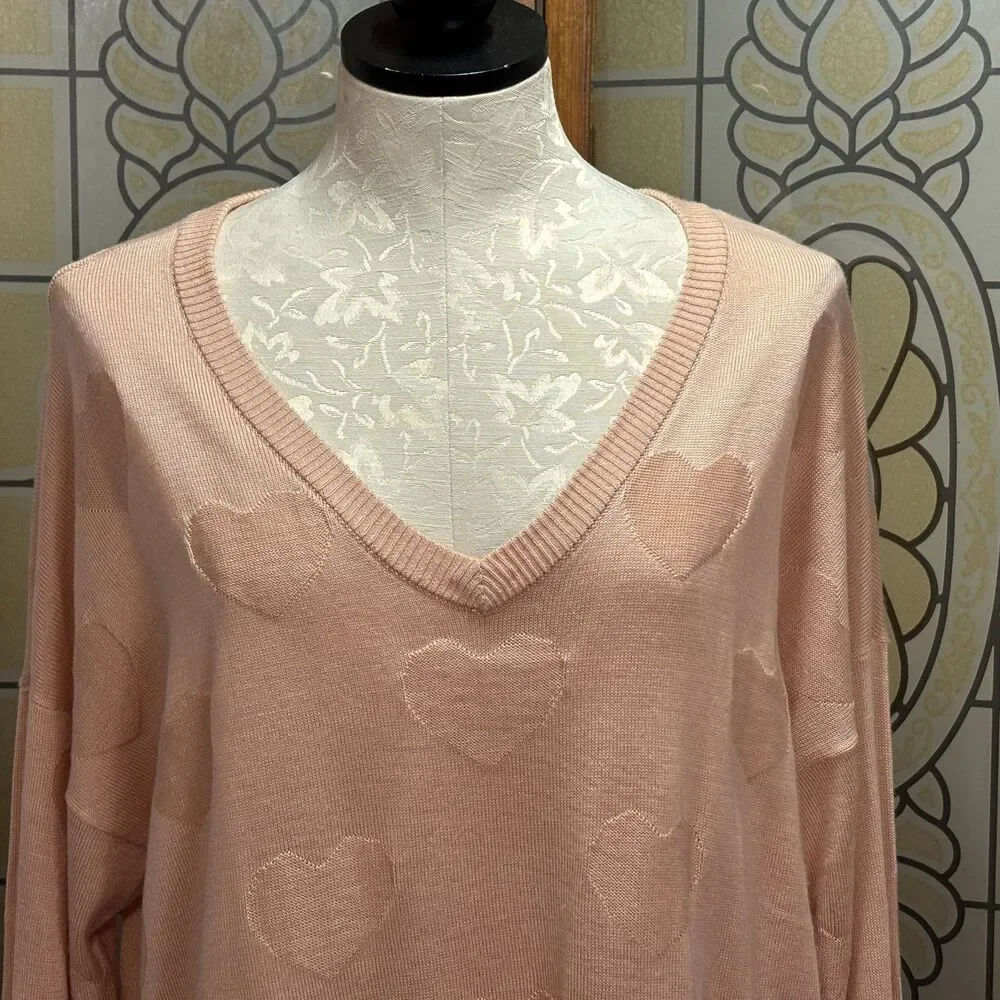 Torrid Jacquard Blush Pink V-Neck Heart Pull Over Sweater Hi Lo Hem Plus Size 1X